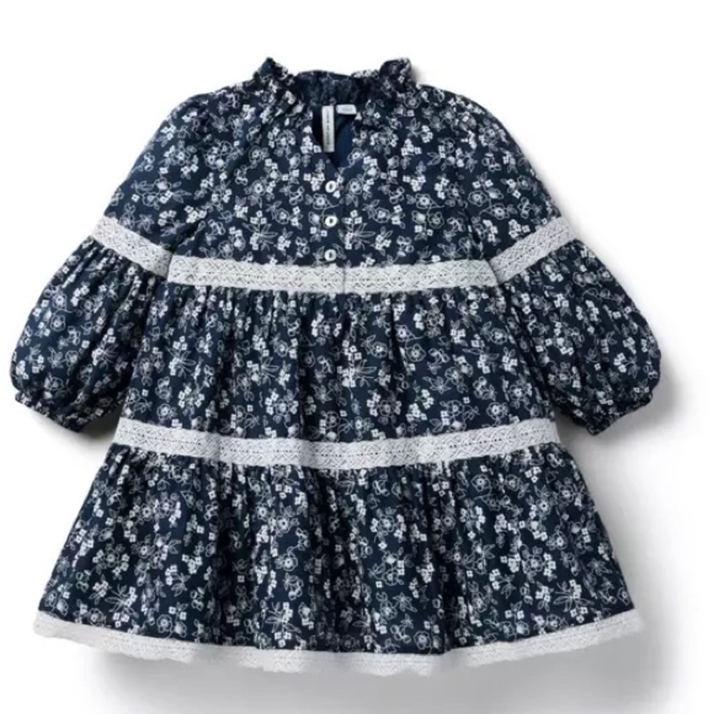 Janie and Jack Navy and White Floral Lace-Trim Tiered Dress